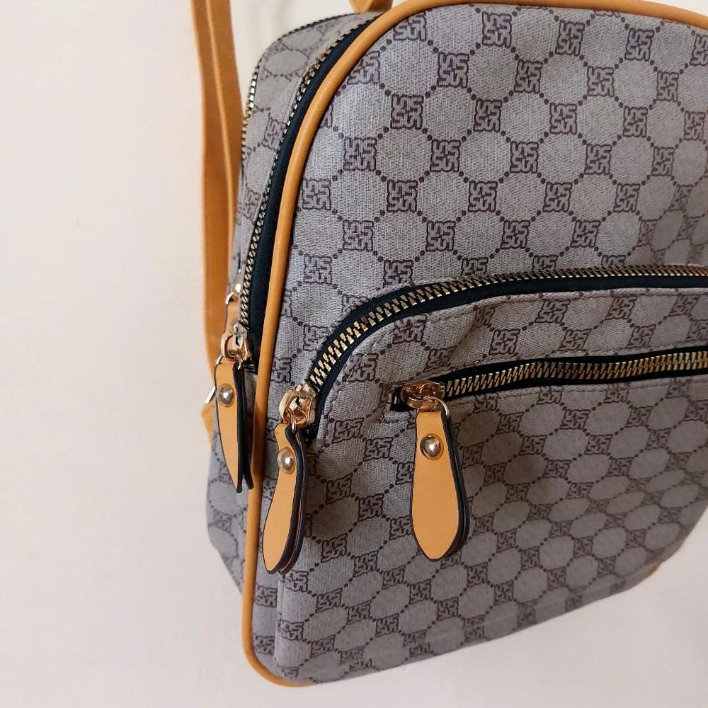 Yellow & Tan Small Faux Leather Vegan Friendly Fashion Backpack Purse w/ Print - Picture 3 of 12